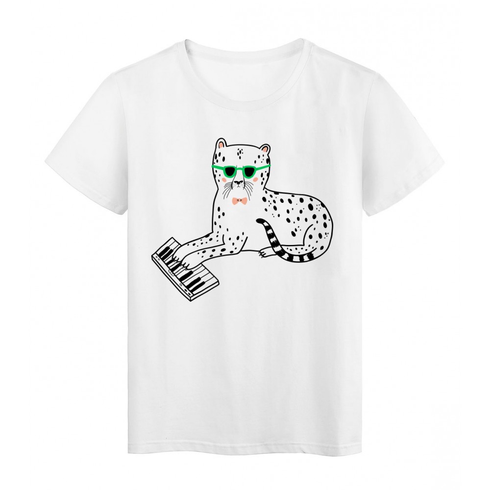 T-Shirt blanc Design chat Ã  lunette piano rÃ©f Tee shirt 2141
