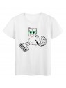 T-Shirt blanc Design chat Ã  lunette piano rÃ©f Tee shirt 2141