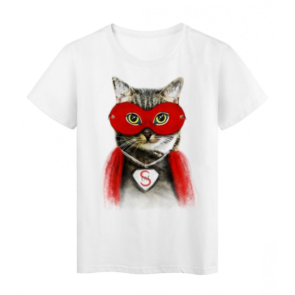 T-Shirt blanc Super cat cape et masque rouge Chat design rÃ©f Tee shirt 2143