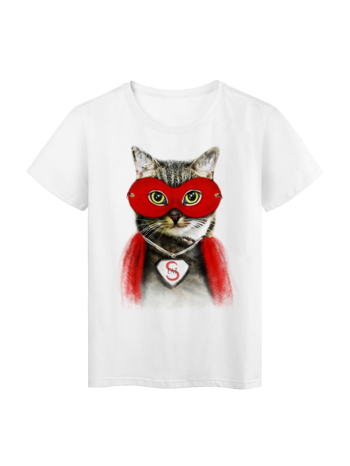T-Shirt blanc Super cat cape et masque rouge Chat design rÃ©f Tee shirt 2143