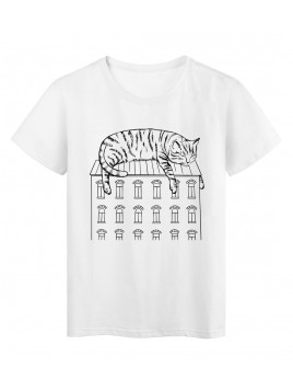 T-Shirt blanc design chat sur toit de maison réf Tee shirt 2164