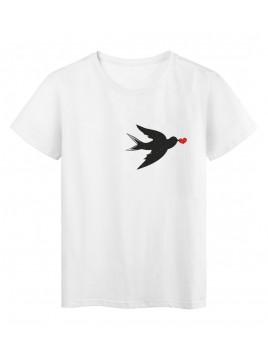 T-Shirt blanc Design oiseau noir cœur rouge réf Tee shirt 2174