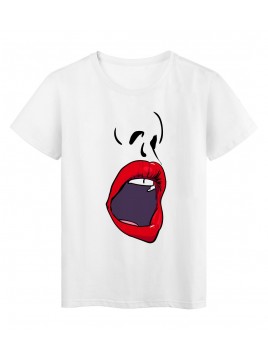 T-Shirt blanc Design visage bouche lèvre rouge 2176
