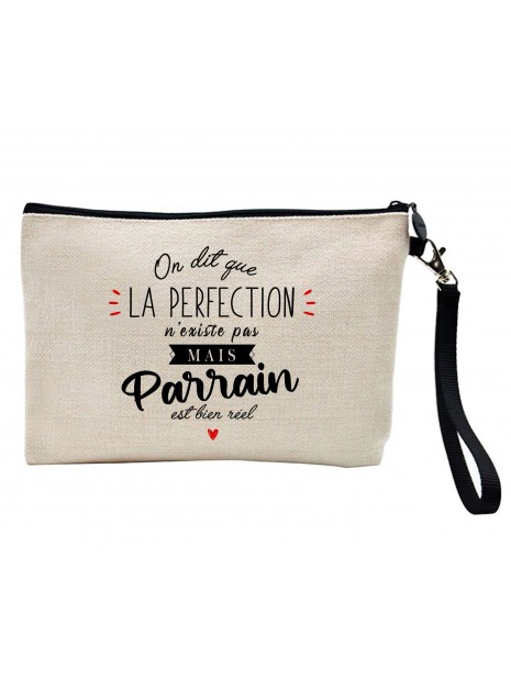 Pochette Trousse A Crayons Et Maquillage Lin Imprime Citation La Perfection N Existe Pas Mais Parrain Est Bien Reel