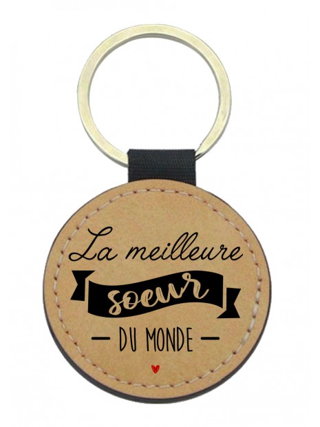 Porte Clefs Cuir Vegan Marron Imprime La Meilleure Soeur Du Monde
