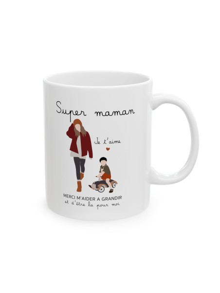 Mug tasse céramique - Idée cadeau avec prénom personnalisé remerciement mères - Super maman merci de m'aider a grandir